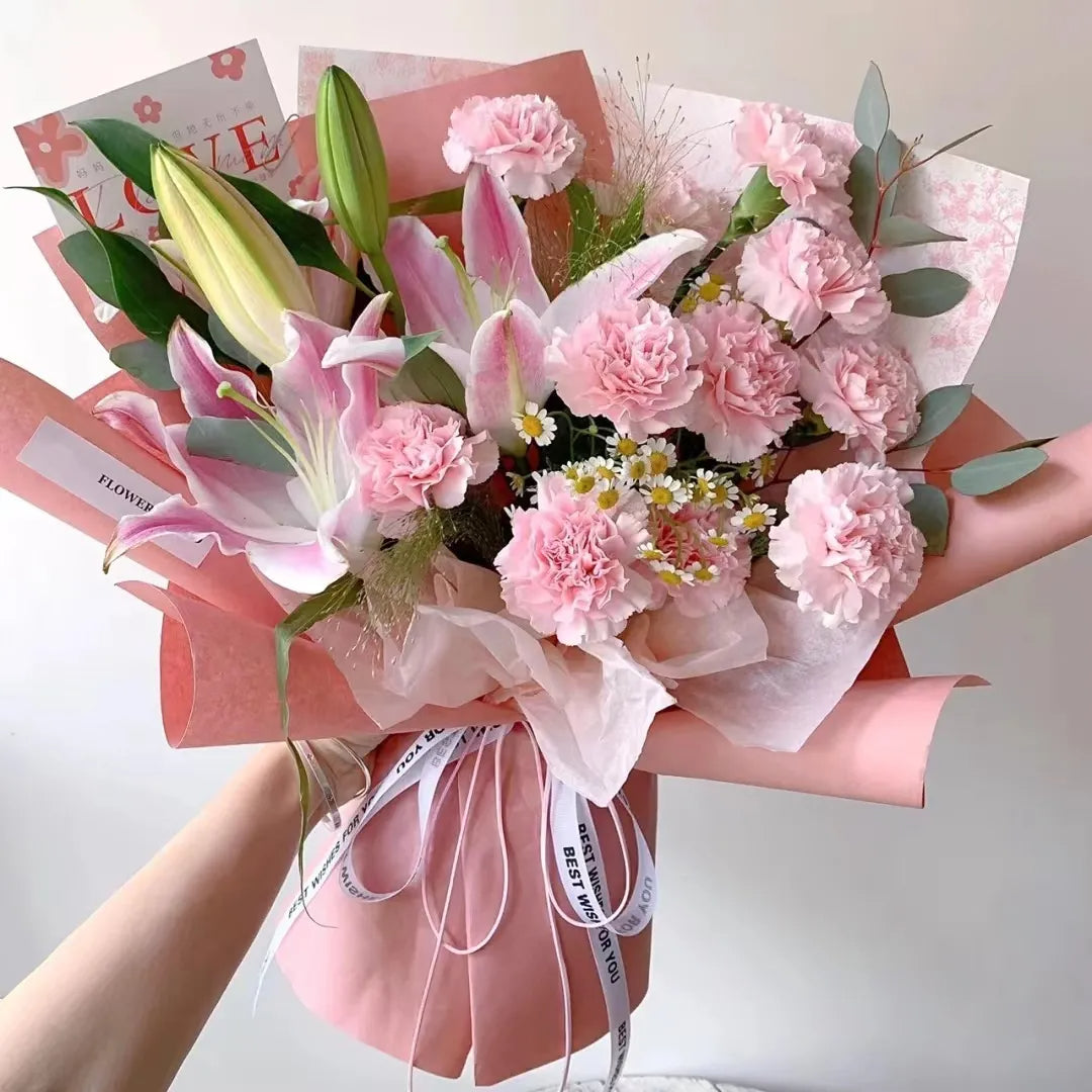 9枝粉色康乃馨百合混搭鮮花束|感恩
