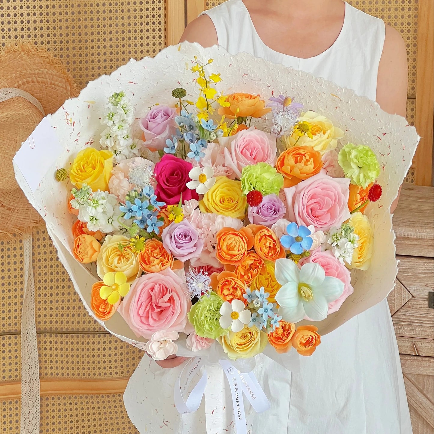 【日落星野】粉荔枝橙玫瑰黃玫瑰混搭多巴胺鮮花束
