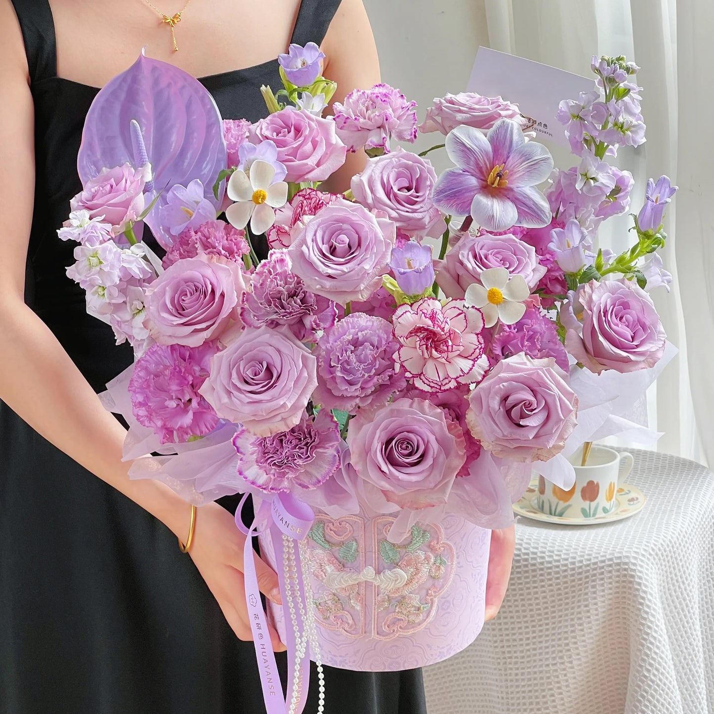 【國色芳華】紫玫瑰鬱金香混搭鮮花桶