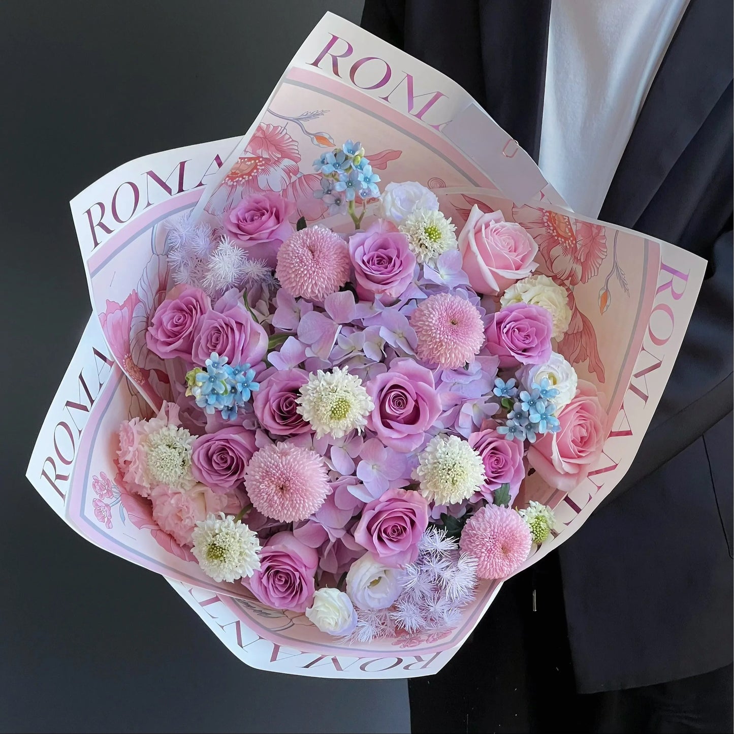 【幸運星】紫玫瑰乒乓菊混搭鮮花束