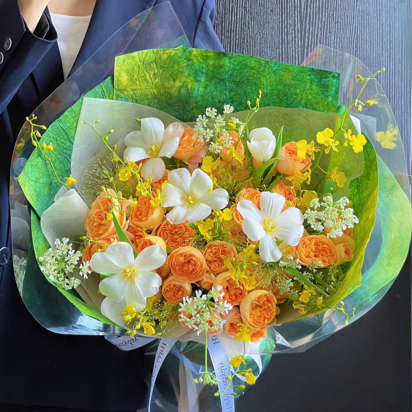 【莫奈油畫】鬱金香橙色玫瑰混搭鮮花束