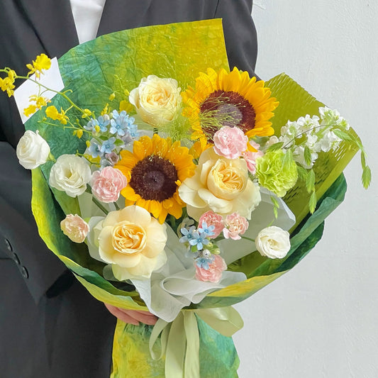 【花開半夏】向日葵奶油杯玫瑰混搭鮮花束
