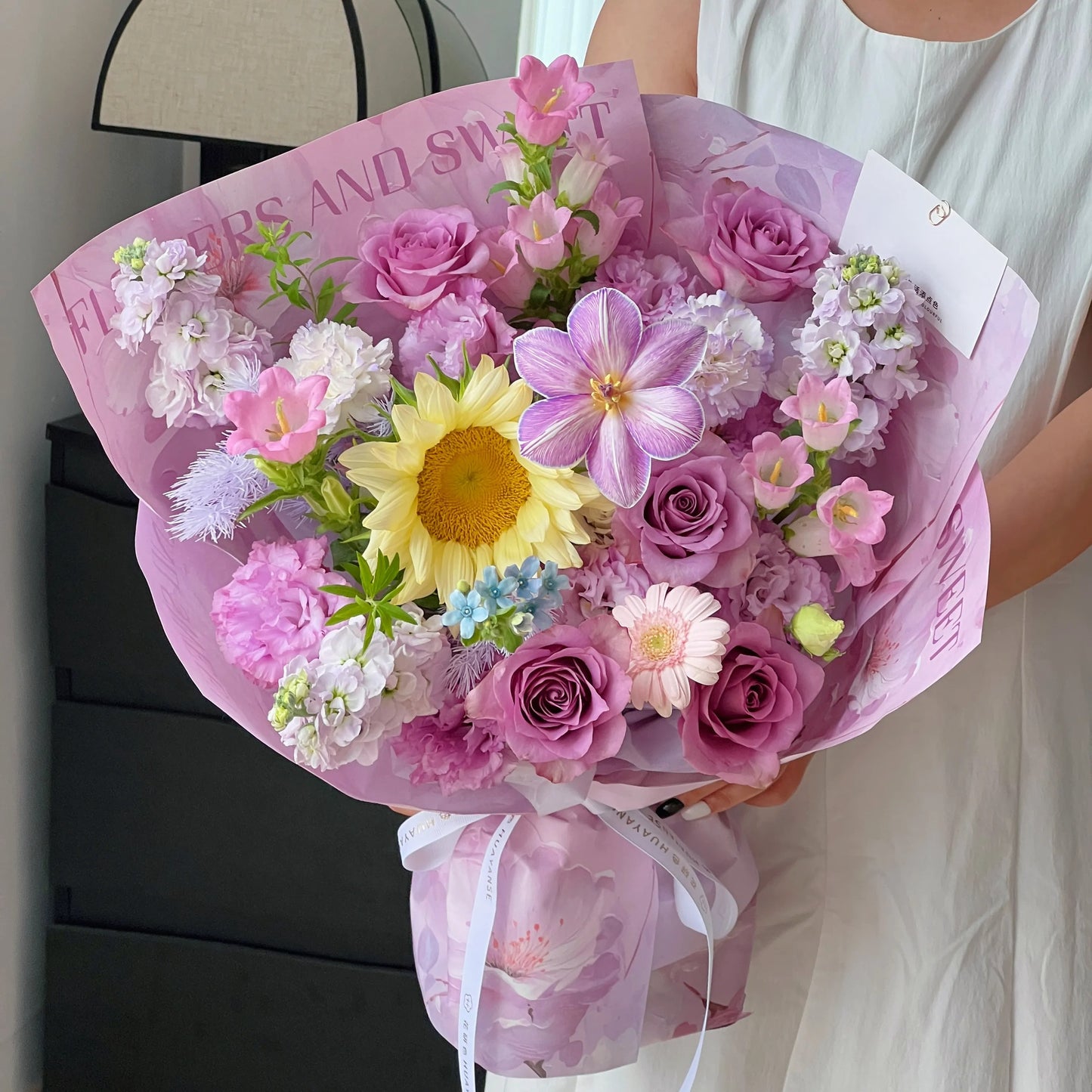 【花漾夢境】奶油向日葵紫玫瑰混搭鮮花束