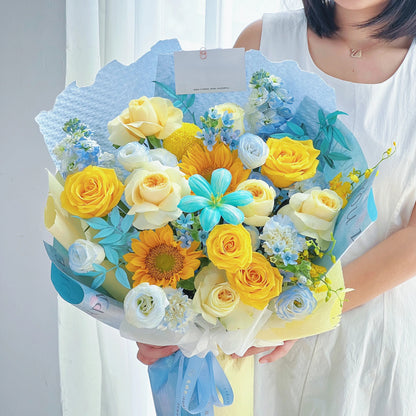 【乘風向陽】奶油杯向日葵黃玫瑰混搭鮮花束