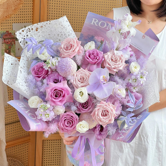 【幸運有你】紫玫瑰曼塔蝴蝶蘭混搭鮮花束