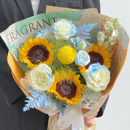 【向陽花開】向日葵碎冰藍乒乓菊混搭鮮花束
