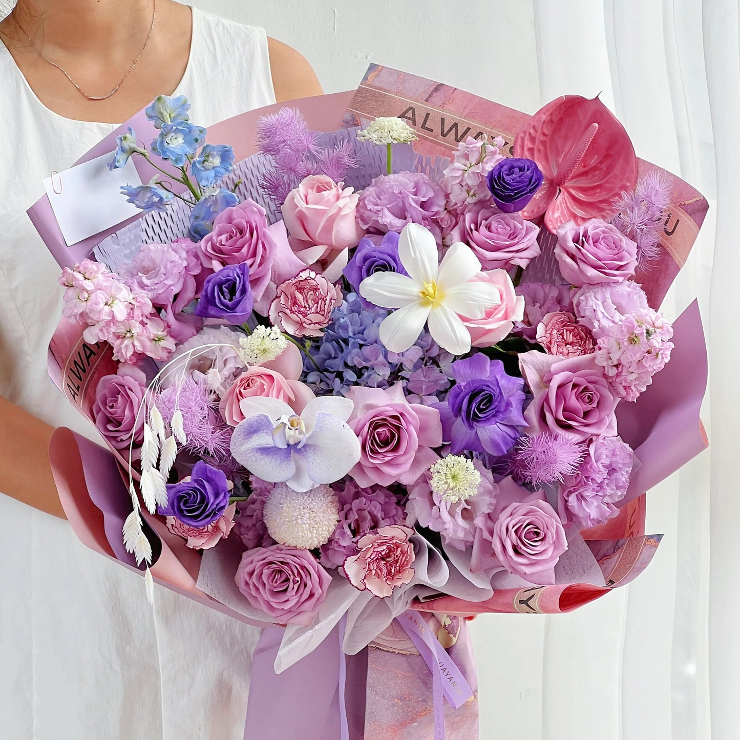 【紫霧】紫玫瑰繡球鬱金香混搭鮮花束