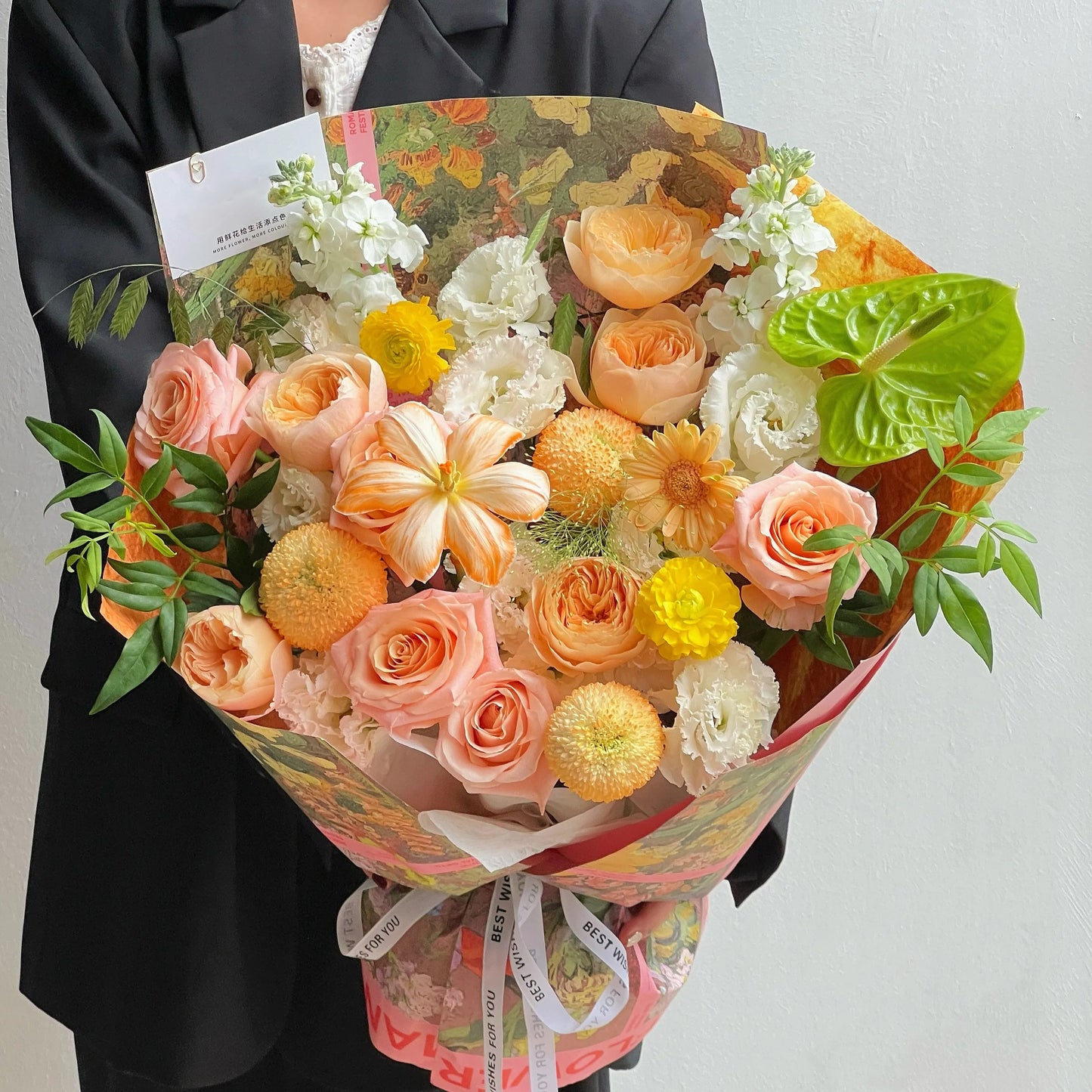 【風輕日暖】微光玫瑰乒乓菊鬱金香混搭鮮花束