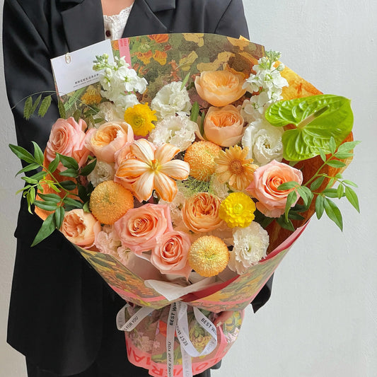 【風輕日暖】微光玫瑰乒乓菊鬱金香混搭鮮花束