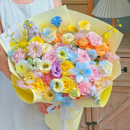 【向暖傾心】粉玫瑰黃橙玫瑰桔梗混搭鮮花束