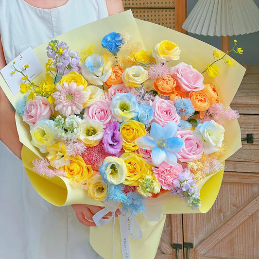 【向暖傾心】粉玫瑰黃橙玫瑰桔梗混搭鮮花束