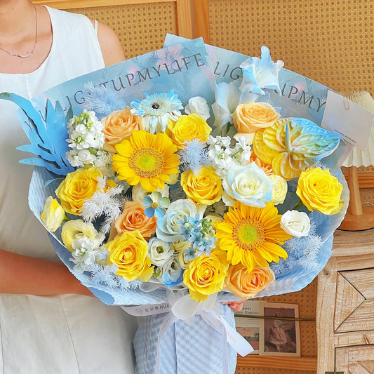 【熾野逐光】向日葵黃玫瑰香檳玫瑰混搭鮮花束