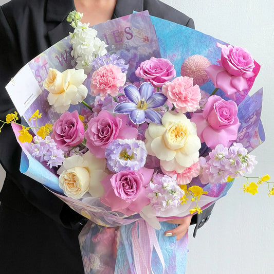 【星漢燦爛】紫玫瑰奶油杯鬱金香混搭鮮花束