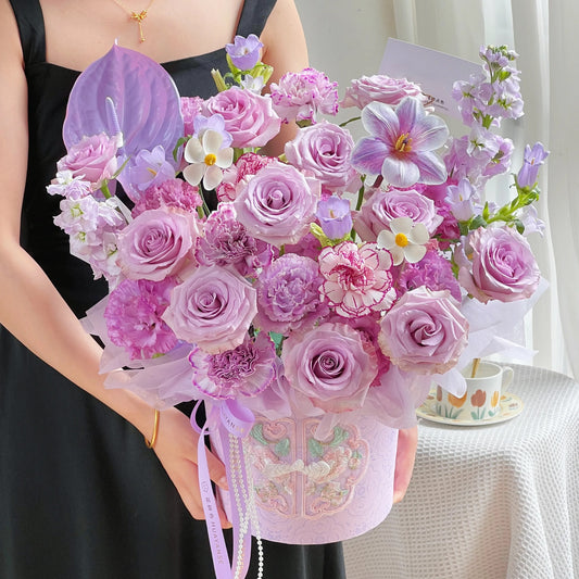 【國色芳華】紫玫瑰鬱金香混搭鮮花桶