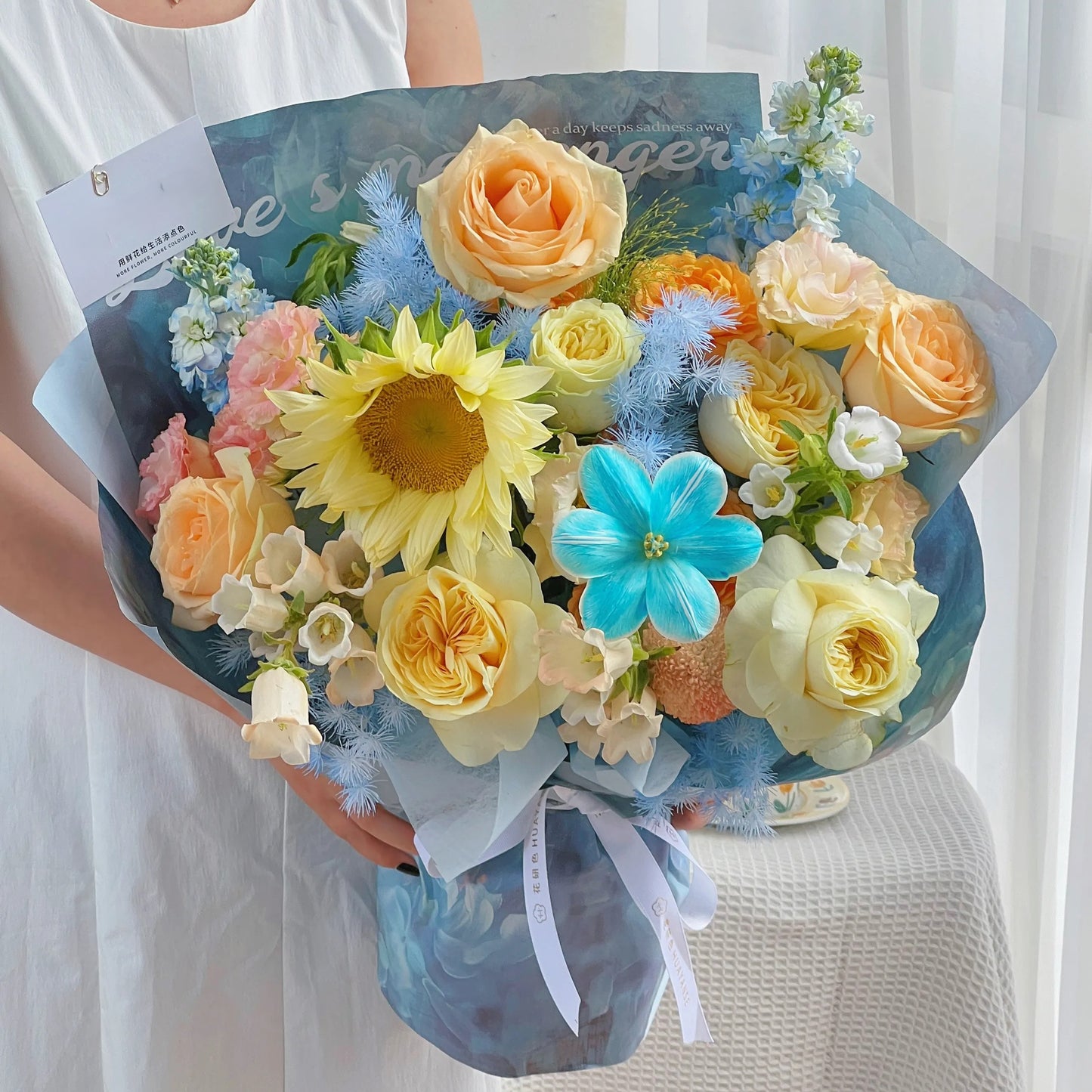 【日出印象】奶油向日葵鬱金香混搭鮮花束