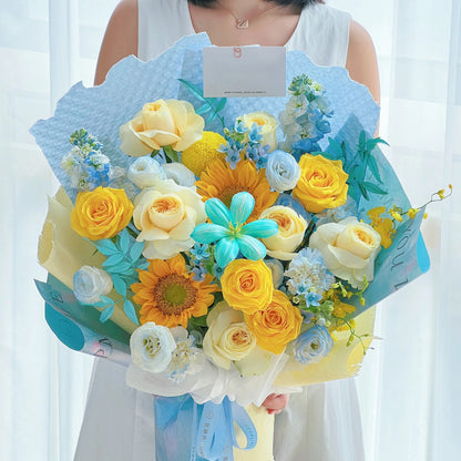 【乘風向陽】奶油杯向日葵黃玫瑰混搭鮮花束