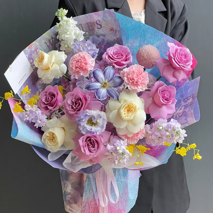 【星漢燦爛】紫玫瑰奶油杯鬱金香混搭鮮花束