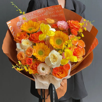 【橙心如意】向日葵奶油杯鬱金香混搭鮮花束