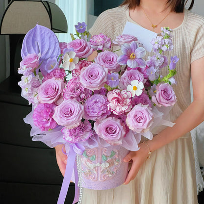【國色芳華】紫玫瑰鬱金香混搭鮮花桶