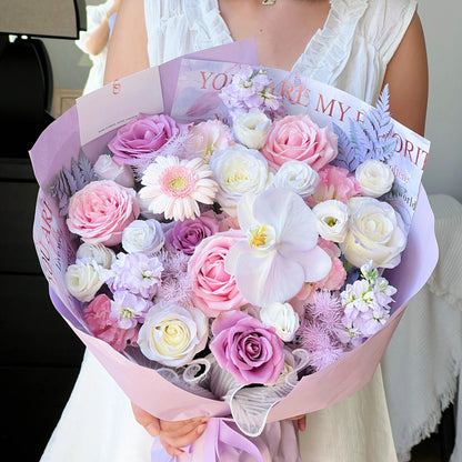 【月光情書】紫玫瑰粉玫瑰蝴蝶蘭混搭鮮花束