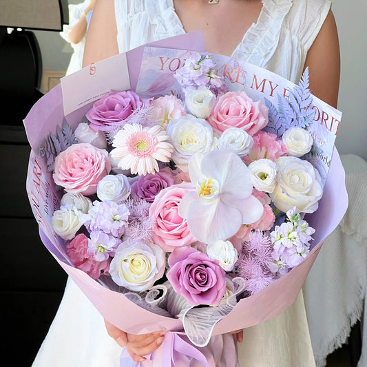 【月光情書】紫玫瑰粉玫瑰蝴蝶蘭混搭鮮花束
