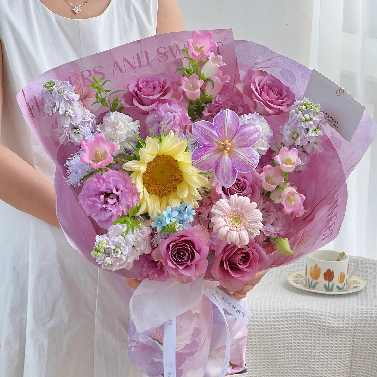【花漾夢境】奶油向日葵紫玫瑰混搭鮮花束