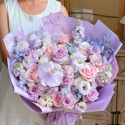 【柔軟時光】紫玫瑰粉玫瑰桔梗混搭鮮花束