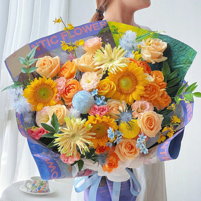 【秘境晨光】向日葵香檳橙玫瑰混搭鮮花束