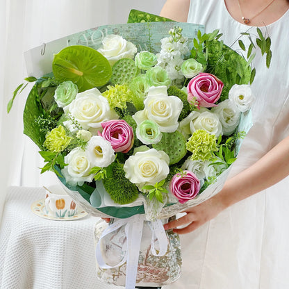 【清水芙蓉】荷花蓮蓬白玫瑰綠掌混搭鮮花束