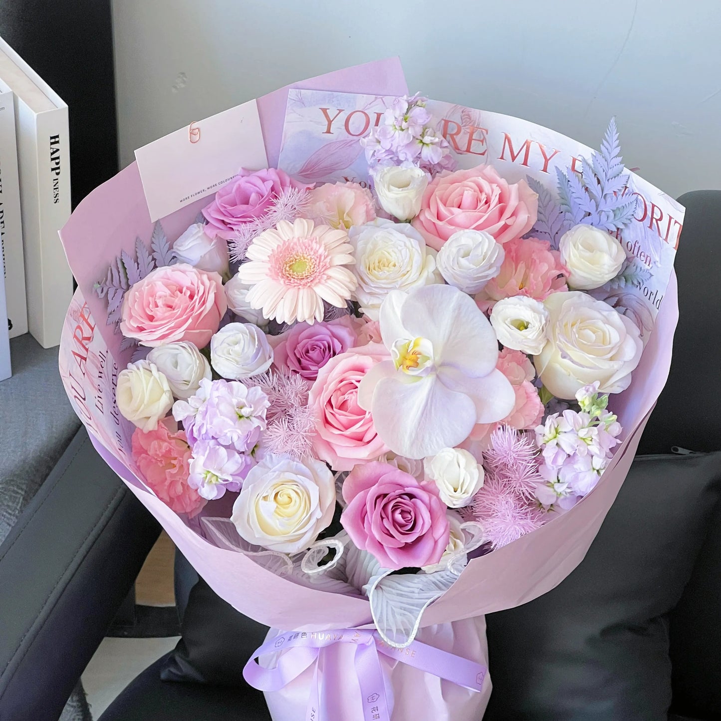 【月光情書】紫玫瑰粉玫瑰蝴蝶蘭混搭鮮花束