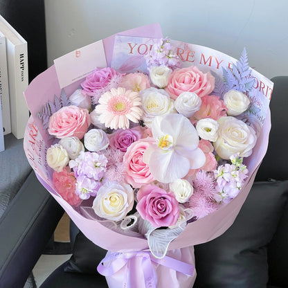 【月光情書】紫玫瑰粉玫瑰蝴蝶蘭混搭鮮花束