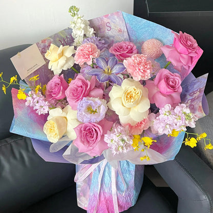 【星漢燦爛】紫玫瑰奶油杯鬱金香混搭鮮花束