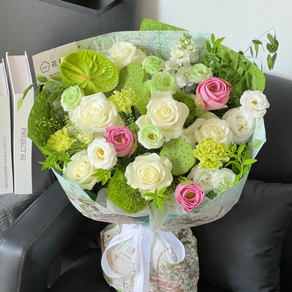 【清水芙蓉】荷花蓮蓬白玫瑰綠掌混搭鮮花束