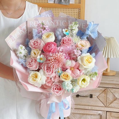 【雲端芭蕾】奶油桃子粉雪山奶油杯混搭鮮花束