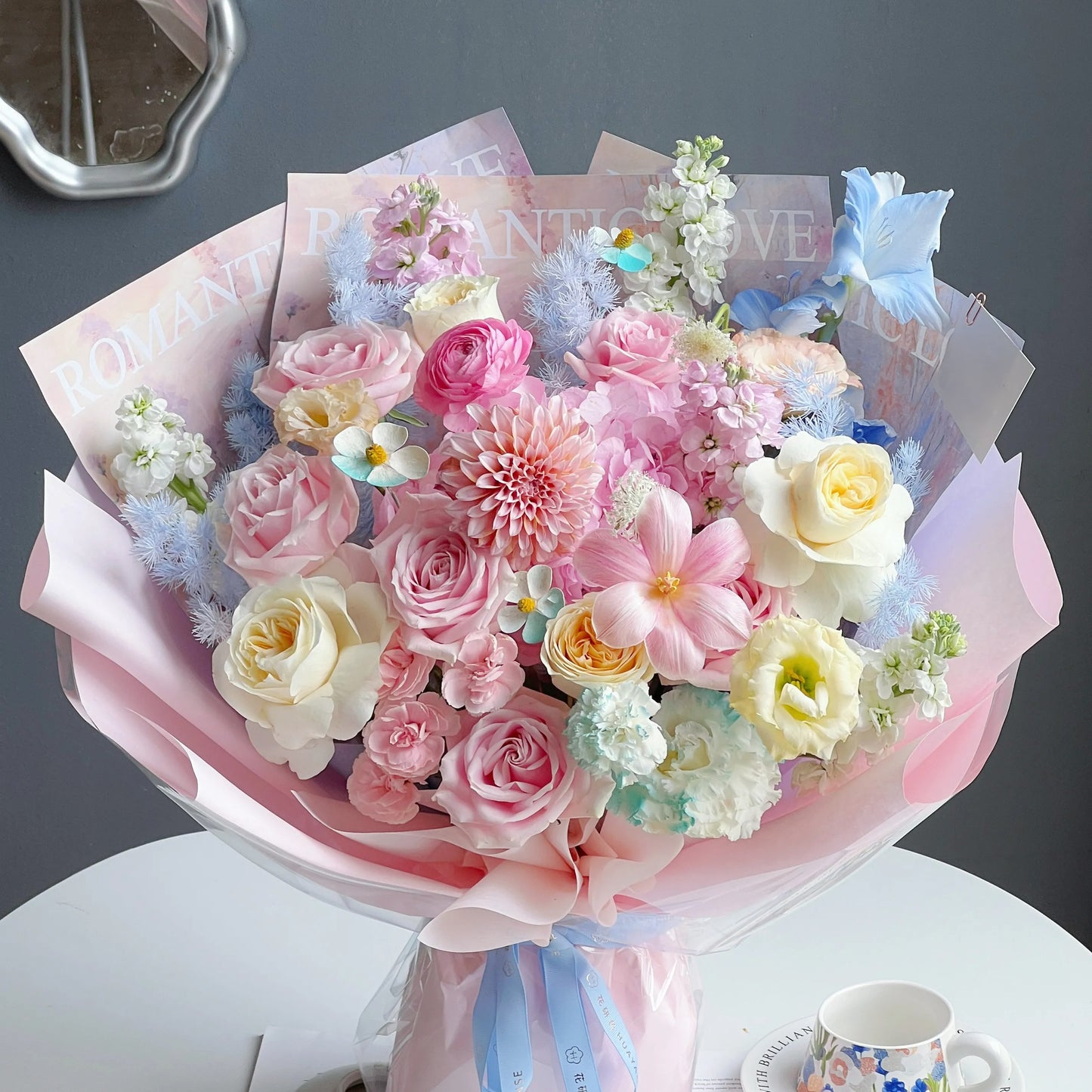 【雲端芭蕾】奶油桃子粉雪山奶油杯混搭鮮花束