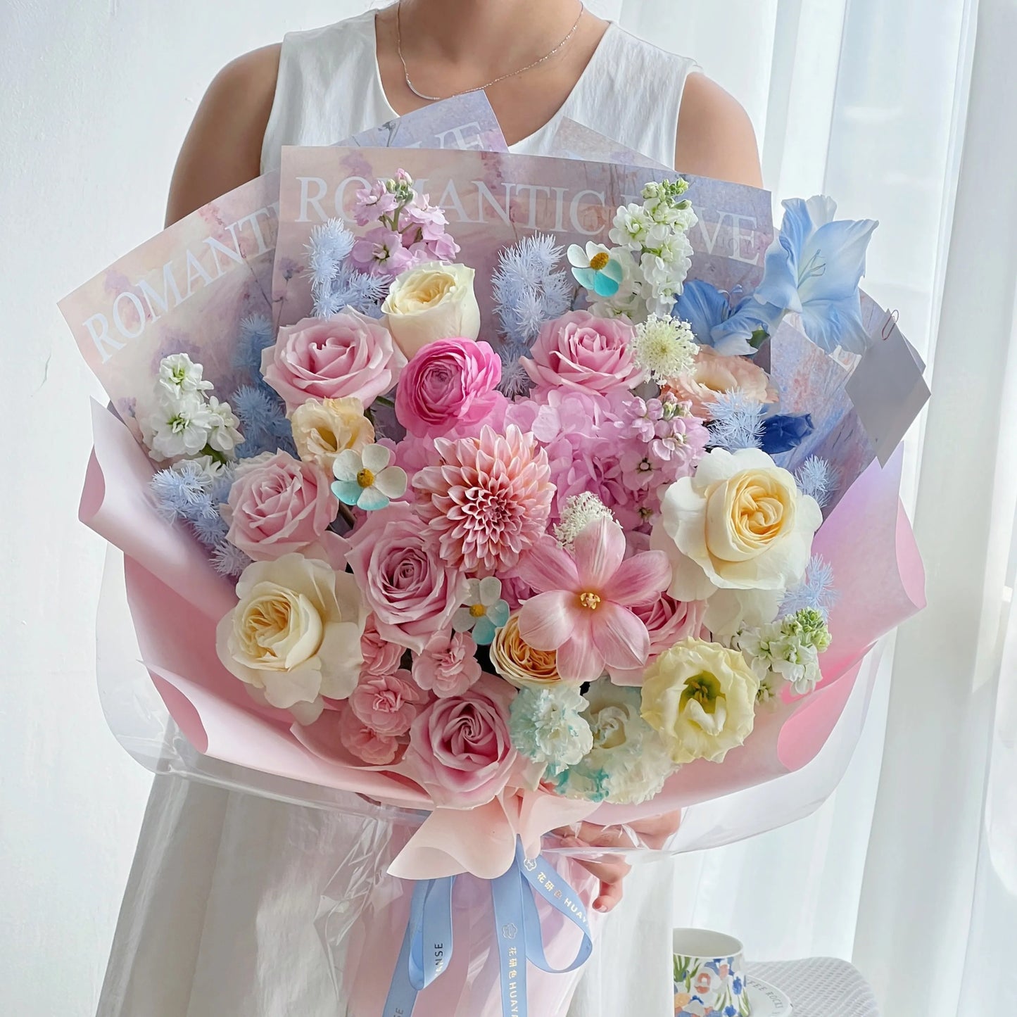 【雲端芭蕾】奶油桃子粉雪山奶油杯混搭鮮花束
